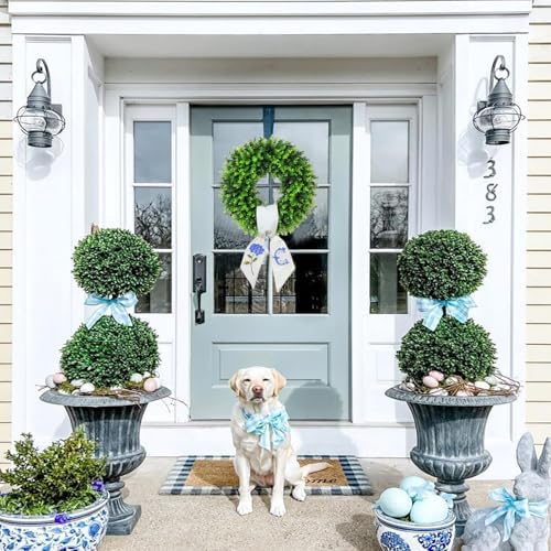 Boxwood Wreath for Front Door Spring Summer Wreaths for Farmhouse,Last Name Initial Year Round Porch Decor,20 inch Green Wreath with Personalized Monogram sash Embroidered Hydrangea and Letter - (C)