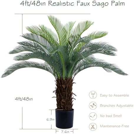 Bellacat 4ft UV Resistant Faux Sago Palm Tree with Natural & Lifelike Bark, 48in Super Full Artificial Cycad Tree with Realistic Leaves, for Home Office Patio Porch Front Door Decor.