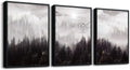 Black Framed Canvas Wall Art - Boho Wall Decor for Living Room & Bedroom - Foggy Forest Trees Scenery - 3 Pieces