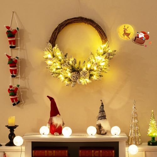GOFLAME 24” Pre-lit Artificial Christmas Wreath, Snow Flocked Xmas Hoop Wreath with 35 LED Lights, 65 Branch Tips, 8 Natural Pine Cones, Timer, Battery-Operated Holiday Decoration for Window Wall