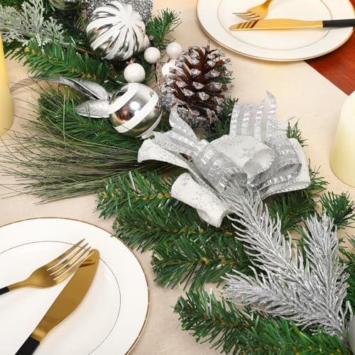 6FT Christmas Garland with Lights, Xmas Battery Operated Artificial Rattan with Classic Silver Decorations, Xmas Garland for Home Indoor Fireplace Mantle Outdoor Decor, Silver