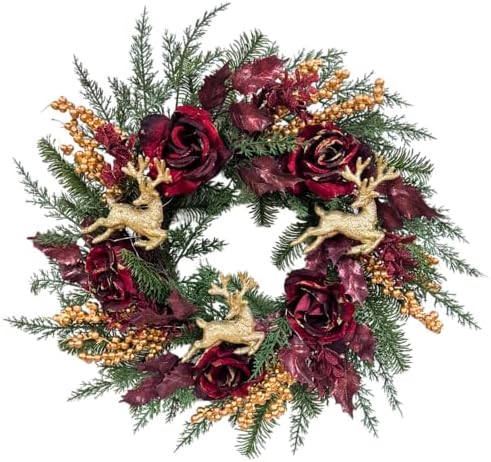 Svndlyn 22 Inch Lighted Burgundy Christmas Wreath with Timer and Reindeer