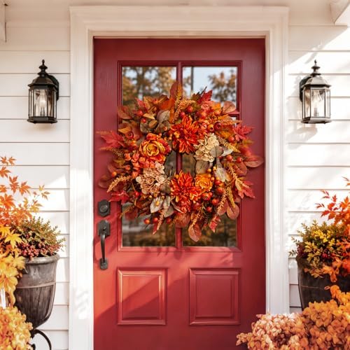Autumn Harvest Wreath for Front Door 26 Inch, Fall Decor with Orange Dahlias Maple Leaves Berries Hydrangeas, Thanksgiving Halloween Wreaths for Front Door Grapevine Twig