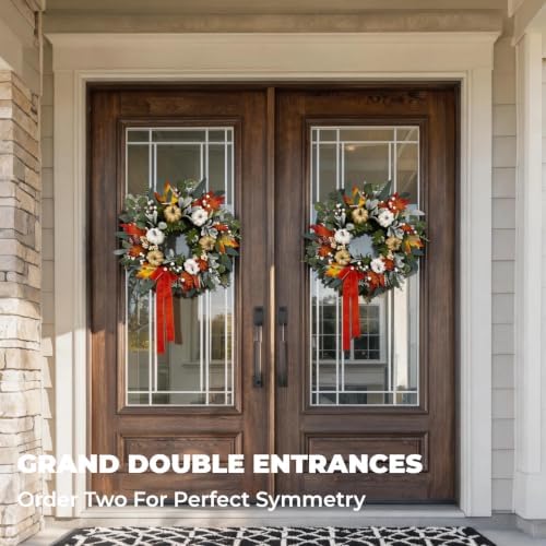 Fall Front Door Wreaths with Ribbon, 24 Inch Pumpkin Autumn Wreath