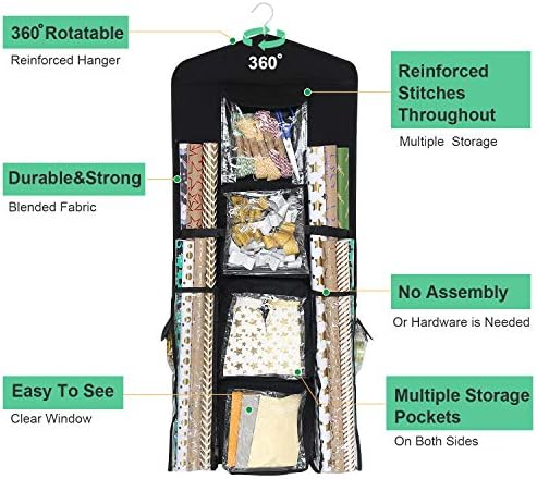 SumDirect Black Double Sided Hanging Gift Wrap Organizer, Wrapping Paper Gift Bag Storage