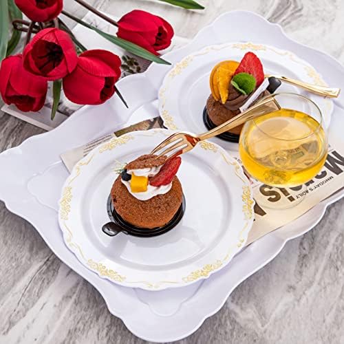 LIYH Gold Rim White 200 Pcs Heavy Duty Dessert Plates Forks Wedding Set