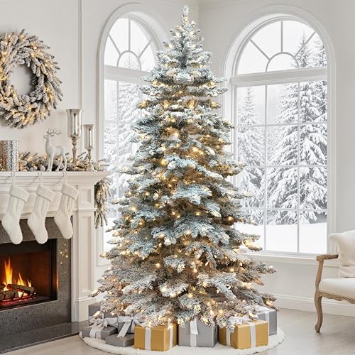 Yaheetech 6ft Pre-Lit Artificial Christmas Tree with 400 Warm White LED Lights & 940 PVC Tips,Hinged Snow Flocked Xmas Tree with Foldable Stand & Protective Foot Caps,Green & White