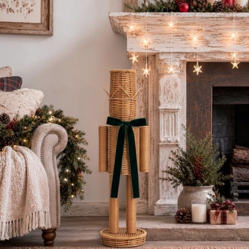 Thiccywoov 20" Rattan Nutcracker with Velvet Bow Christmas Farmhouse Decor