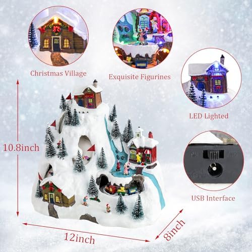 VCUTEKA Christmas Village Collectible Building, Snowy Mountain with Ski Slopes and Revolving Train Lighted Musical Village Addition to Your Christmas Indoor Decor
