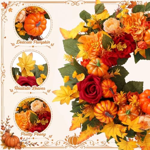 Suncalla Fall Wreath for Front Door 20" Autumn Pumpkin Maple Leaves
