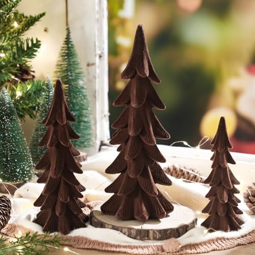 Cinnvoice 3 Set Velvet Christmas Tree Figurines, Brown