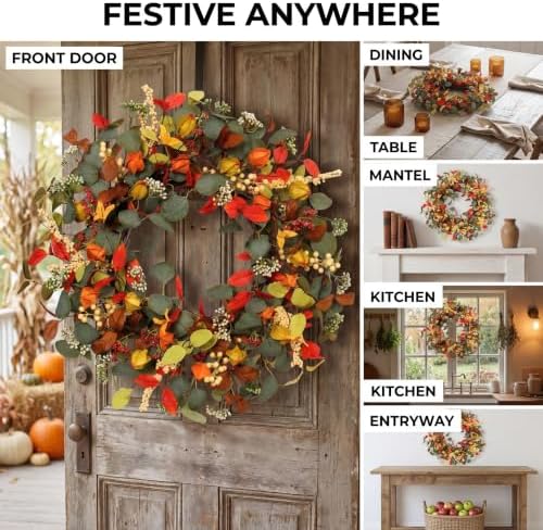 Fall Eucalyptus Lantern pods Wreath 22 Inch Front Door Decor