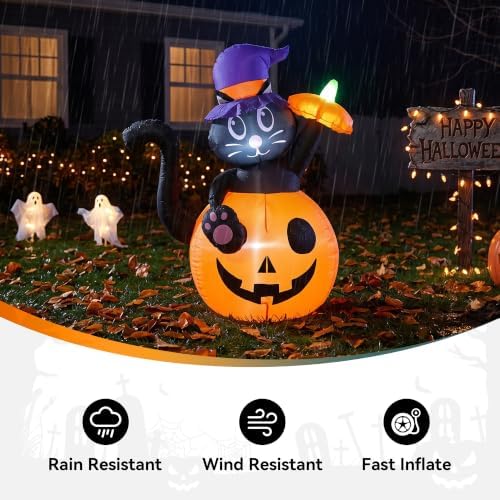4.5FT Halloween Inflatable Black Cat with Pumpkin Outdoor Decorations, Blow Up Black Cat Yard Decor with Built-in LEDs for Garden Lawn Party Holiday Display