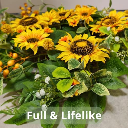 Sunflower Wreath for Front Door, 24 Inch Spring & Summer Wreath with Lifelike Sunflowers, Handmade Outdoor Wreath for Front Door, Spring Home Decor