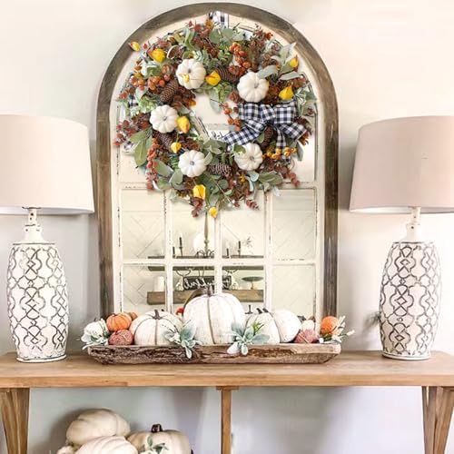 WANNA-CUL 24 Inch Farmhouse Fall Wreath for Front Door with White Pumpkins