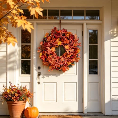 Fall Maple Leaf Wreath, 26Inch Fall Wreaths for Front Door, Large Autumn Wreath with Maple Leaves and Berries, Fall Wreath for Porch Thanksgiving & Harvest Fall Decor