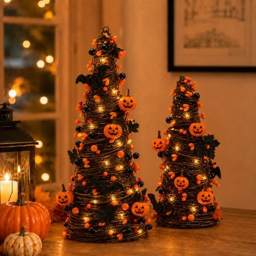 2Pack Lighted Halloween Tabletop Trees with Timer, Pumpkin Bat Decor