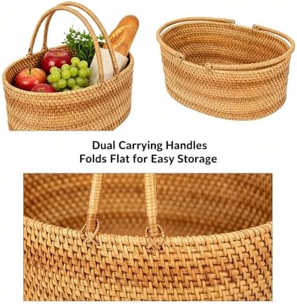 Rattan Picnic Basket with Handle, 12.6x9x5 in Handwoven Storage Decor