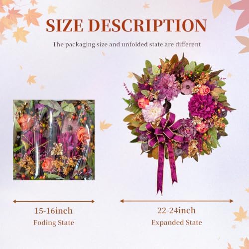 Fall Wreaths for Front Door 24" Vintage Autumn Wreath with Velvet Bow