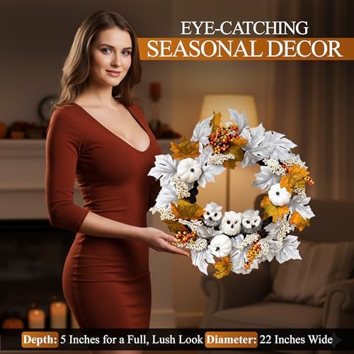 21 Inch Owl Pumpkin Fall Wreath - Autumn & Thanksgiving Door Decor