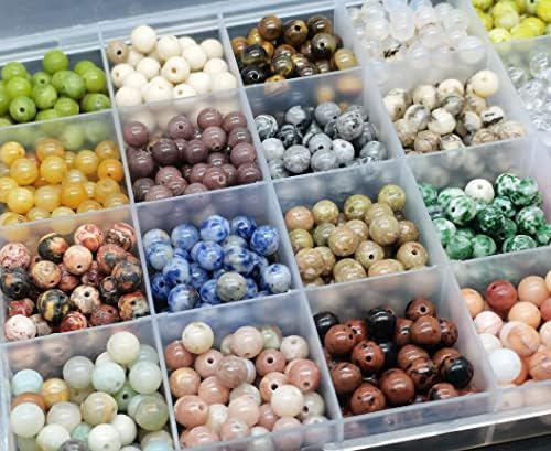 1200pcs 6mm Natural Round Stone Beads Real Gemstone Beading Loose Gemstone Hole Size 1mm DIY Smooth Beads for Bracelet Necklace Earrings Jewelry Making,Box Packed(24 Material -B,6mm)