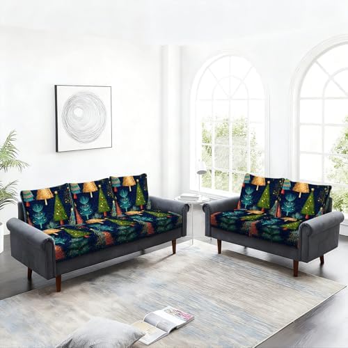 Colorful Christmas Tree Seat Cushion Cover Set, Holiday Painted Tree Sofa Cushion Slipcover, Stretch Couch Seat Protector with Elastic Bottom,8PC