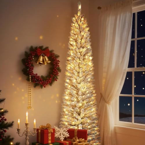 Garvee 6 ft Pencil Prelit Christmas Tree, Snow Flocked Xmas Tree