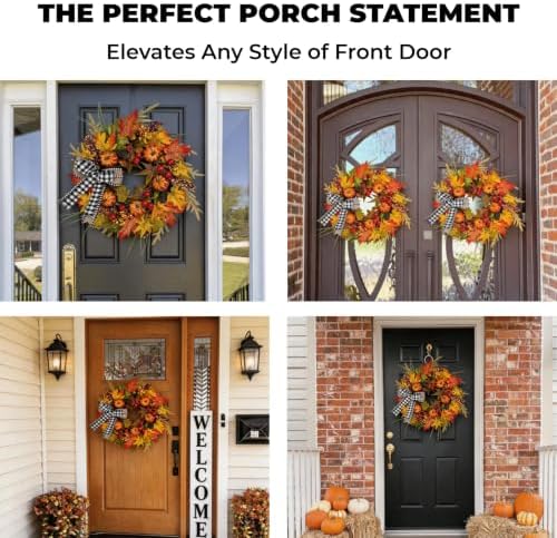 24" Fall Maple Leaf Wreath for Front Door with Buffalo Check Bow - Rustic Autumn Harvest Wreath with Orange Pumpkins, Pinecones and Berries - Farmhouse Thanksgiving Halloween Outdoor Decor