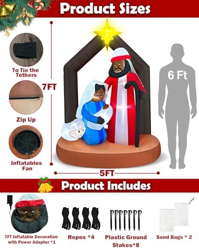 Black Santa Christmas Decorations, 7 Ft Tall 5 Ft Long African American Christmas Inflatable Black Nativity Scene Outdoor Decoration, Blow Up Jesus Manger Set with Built-in LEDs Xmas Decor Yard Lawn