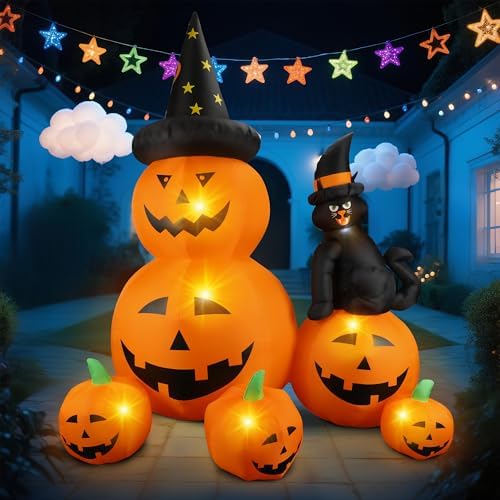 6Ft Halloween Inflatable Decorations Pumpkins Patch Lanterns with Black Cat with Build-in LEDs Blow Up Inflatables for Outdoor Decoration Balcony Home Lawn Patio