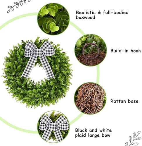 Vlorart 24" Large Boxwood Wreath for Front Door, Artificial Greenery Wreath with Plaid Bow, Full Lush Spring Summer Farmhouse Wall, Window & Wedding Decor