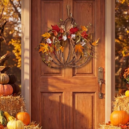 Fall Pumpkin Wreath for Front Door, Grapevine Maple Leaves