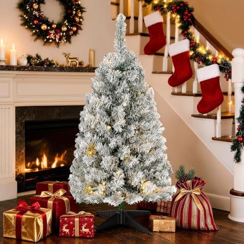 Okicoler 4FT Pre-Lit Flocked Downswept Artificial Christmas Tree, Battery Operated 80 LED Lights with 11 Lighting Modes, 176 Branch Tips, Sturdy Foldable Base, White
