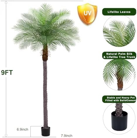 9ft Artificial Phoenix Palm Tree, Faux Coconut Silk Tropical Fake Palm Plant for Indoor Outdoor Home Office Patio Bathroom Pool Coastal Decor