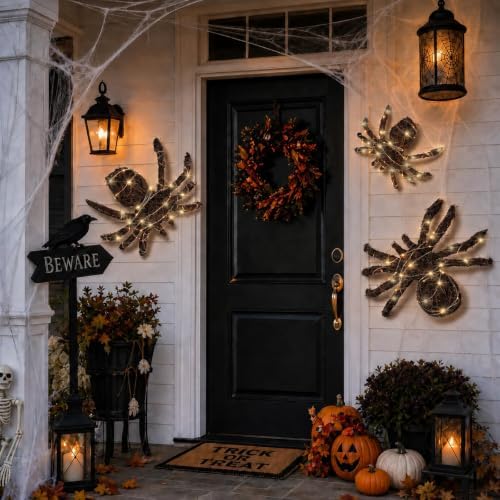 3 Pcs Halloween Rattan Woven Fake Spider Decor with String Lights