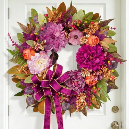 Fall Wreaths for Front Door 24" Vintage Autumn Wreath with Velvet Bow