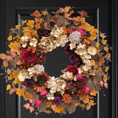 TEMPUS 24 Inch Artificial Fall Wreath - Red and Gold Rose Floral Front Door Decor, Handcrafted Thanksgiving Harvest Wreath for Indoor Farmhouse Wall