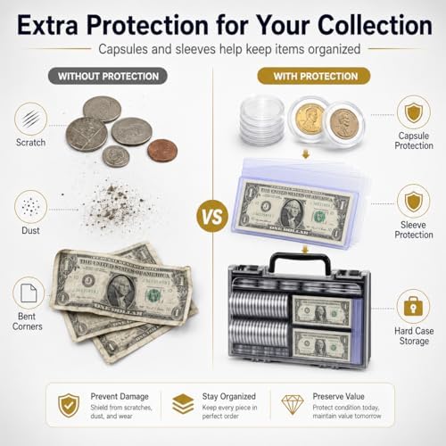 FULLCASE Coin Collector Case with 141 Capsules and 220 Currency Sleeves