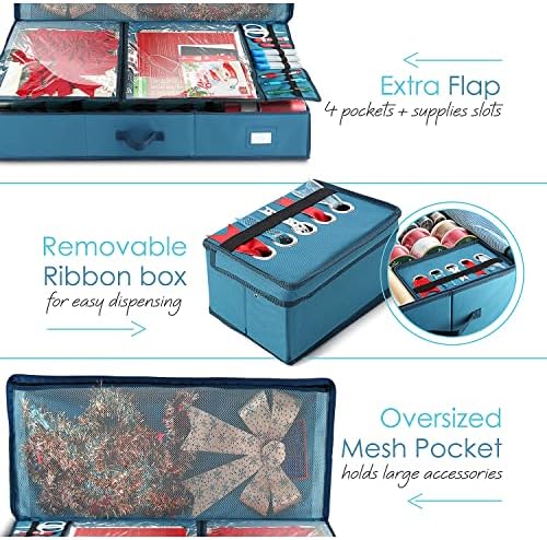 Hearth & Harbor Wrapping Paper Storage Container - Christmas Storage Bag with Ribbon Dispenser and Interior Pockets - Gift Wrap Organizer Fits Up to 26 Rolls of 40" Length, Blue