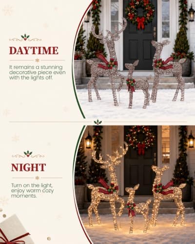 NAVINE 4.85FT 3-Piece Large Lighted Christmas Deer Family Set, Rttan