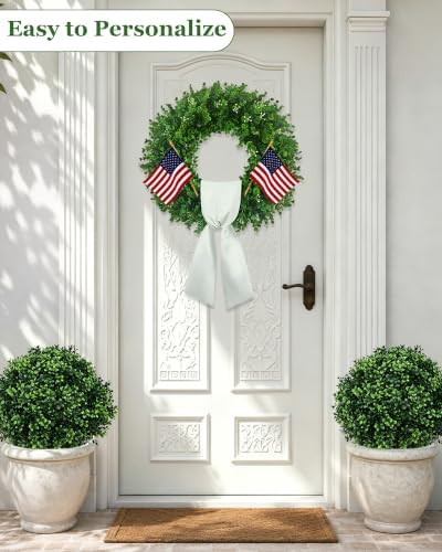 20'' Boxwood Wreaths for Front Door, Green Wreath with a Sash