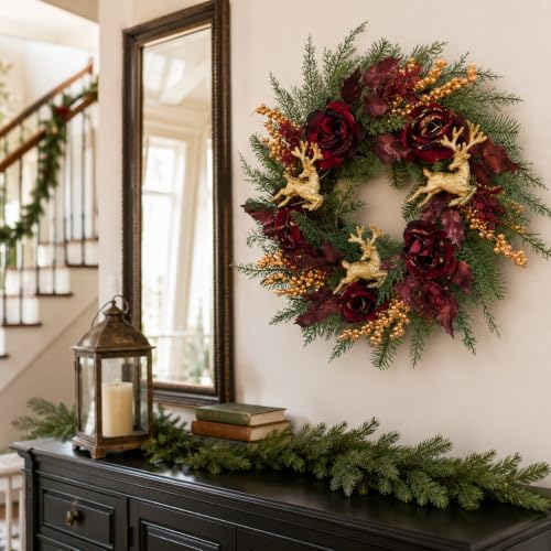 Svndlyn 22 Inch Lighted Burgundy Christmas Wreath with Timer and Reindeer
