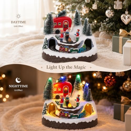 VCUTEKA Christmas Village Houses, Camper with People Campfire and Rotating Train Lighted Musical Christmas Village Collectible Building for Xmas Indoor Decorations or Holiday Table Displays