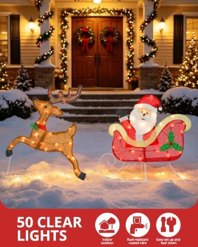 Christmas Lighted Decoration 24 Inch Reindeer with Sleigh & Santa, Xmas