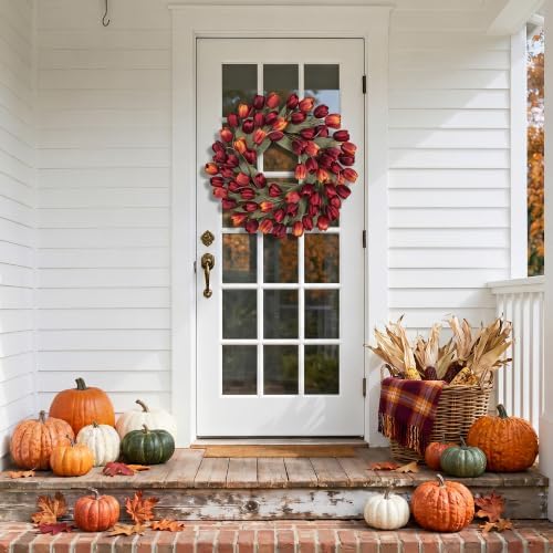 24" Tulip Fall Wreath for Front Door Real Touch Fade-Resistant