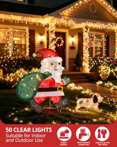 Lighted Christmas Santa Claus with Puppy, 26 Inch 2D Santa 50L
