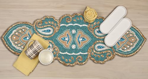 Lightnpro Beaded Christmas Table Runner 13x36 Inch - Teal Gold Paisley Design -Perfect Handmade Decorative Runner for Holiday, Thanksgiving, New Year, Winter Table Décor, Suitable Gift Every Occasion