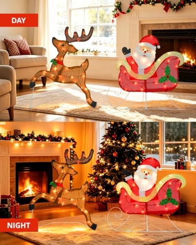 Christmas Lighted Decoration 24 Inch Reindeer with Sleigh & Santa, Xmas