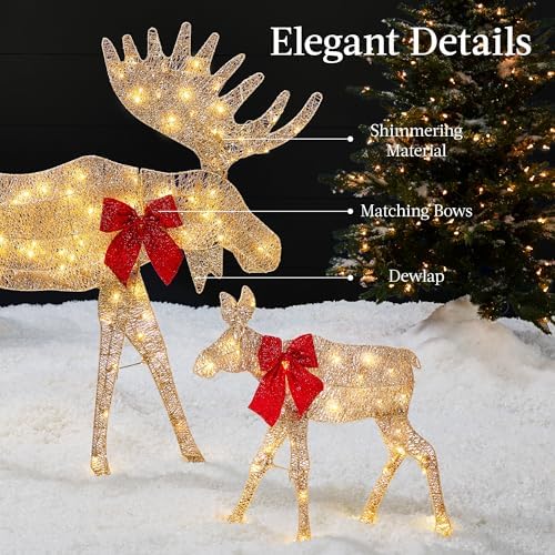 Best Choice Products 2D Moose Family Outdoor 2Pc Christmas Yard Décor, 4ft Lighted Yard Set Prelit All-Weather w/ 125 LEDs, Ground Stakes - Gold