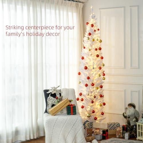 HOMCOM 8' Tall Pre-Lit Slim Noble Fir Artificial Christmas Tree White